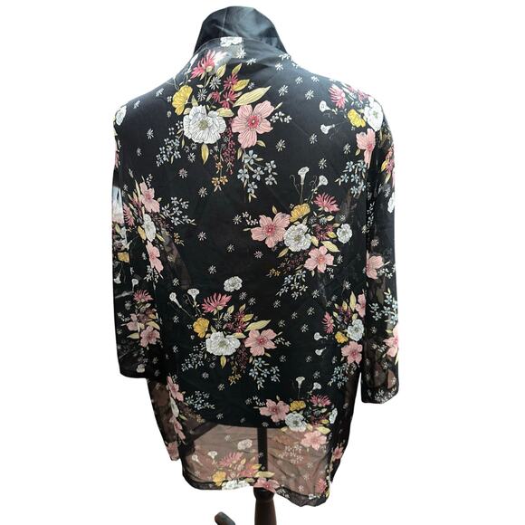 Mudd Kimono Black Floral Sheer Satin Trim One Size Dark Romantic Whimsygoth Boho - Picture 2 of 6